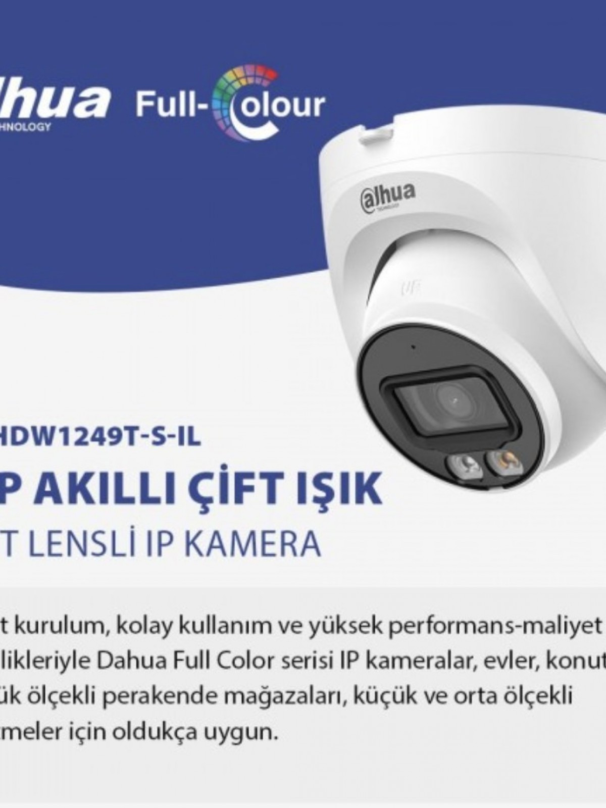 DAHUA IPC-HDW1249T-S-IL 2MP 1080P 2.8MM LENSLİ H265+ SMART DUAL LİGHT AYDINLATMALI SESLİ RENKLİ RENKLİ COLOR DOME IP KAMERA