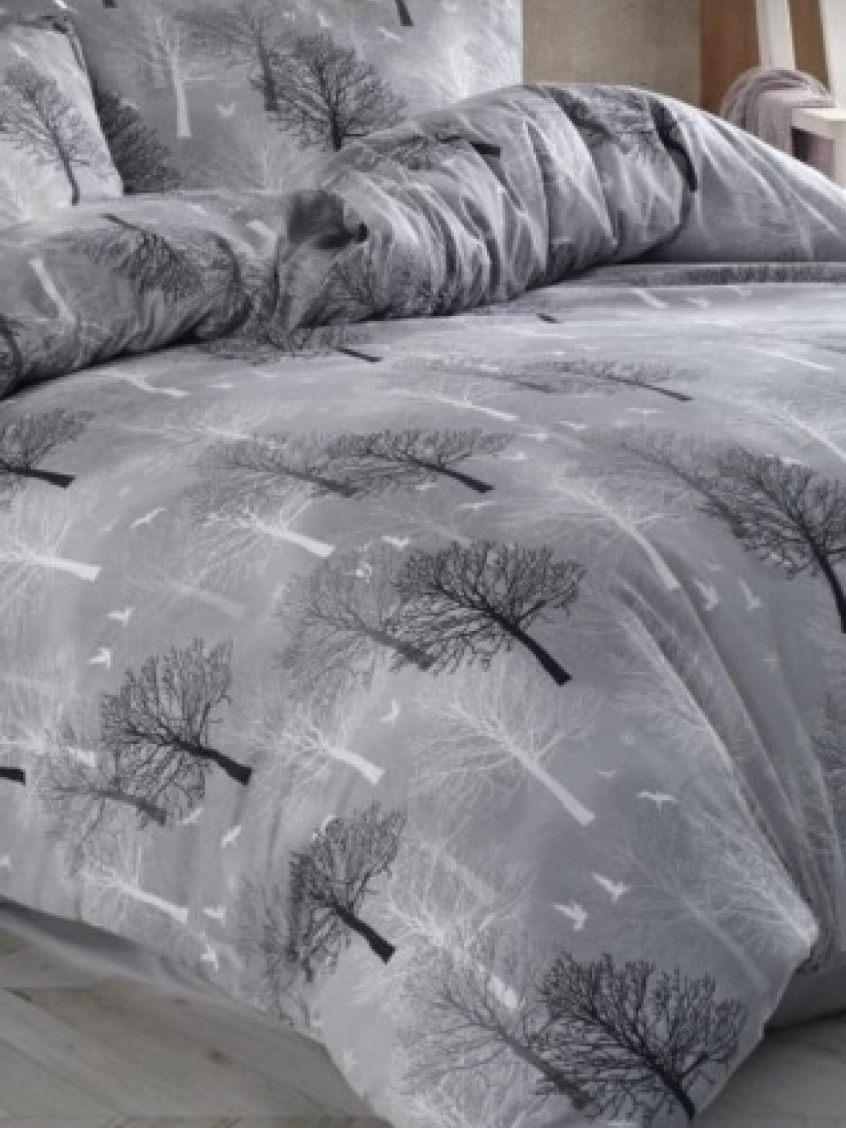 LOTUSLİNE HOME GRİ ÇİFT KİŞİLİK AĞAÇ DESEN LÜKS PAMUKLU NEVRESİM TAKIMI(ÇİFT KİŞİLİK)